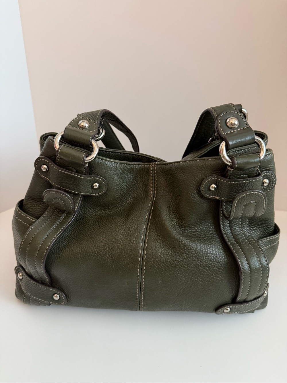 Clarks Olive Green Genuine Leather Shoulder Bag Tote Purse Silver Hardware - Picture 5 of 8
